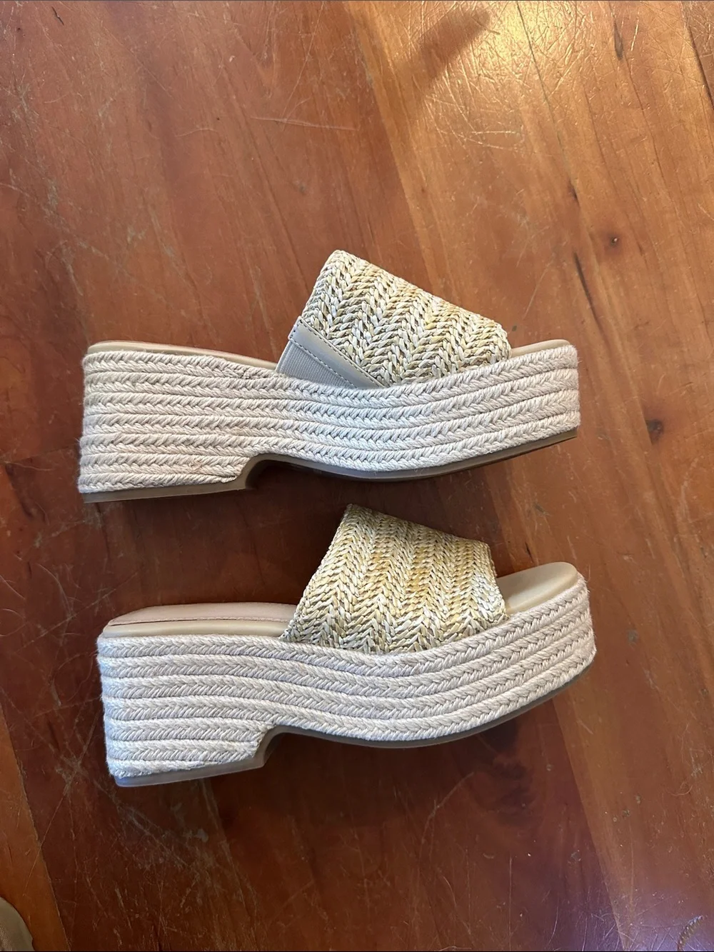 Beige Woven Platform Slide Sandals